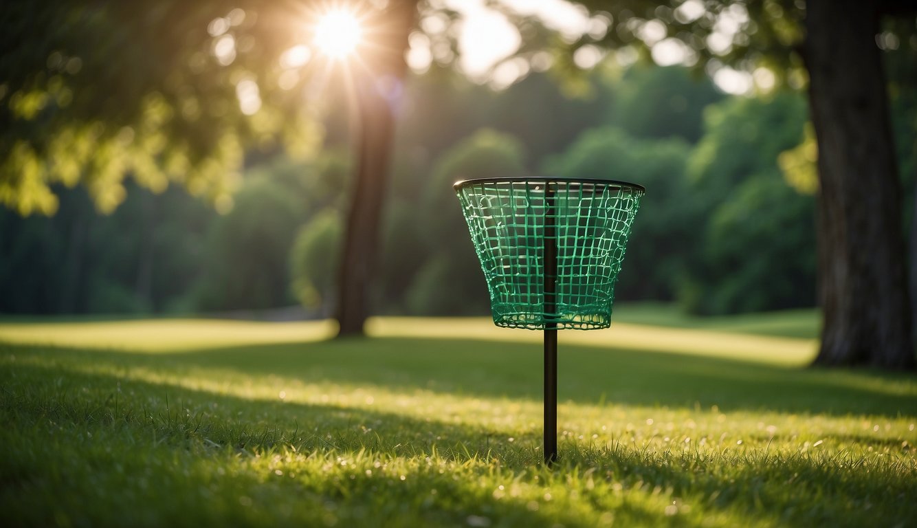A disc golf basket stands in a lush green park, with the Callaway Coronado V2 SL disc flying towards it, ready to land in the chains