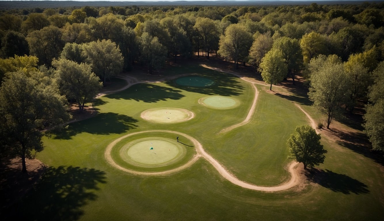 A bird's eye view of a disc golf course with Callaway Coronado V2 SL discs flying through the air towards the baskets
