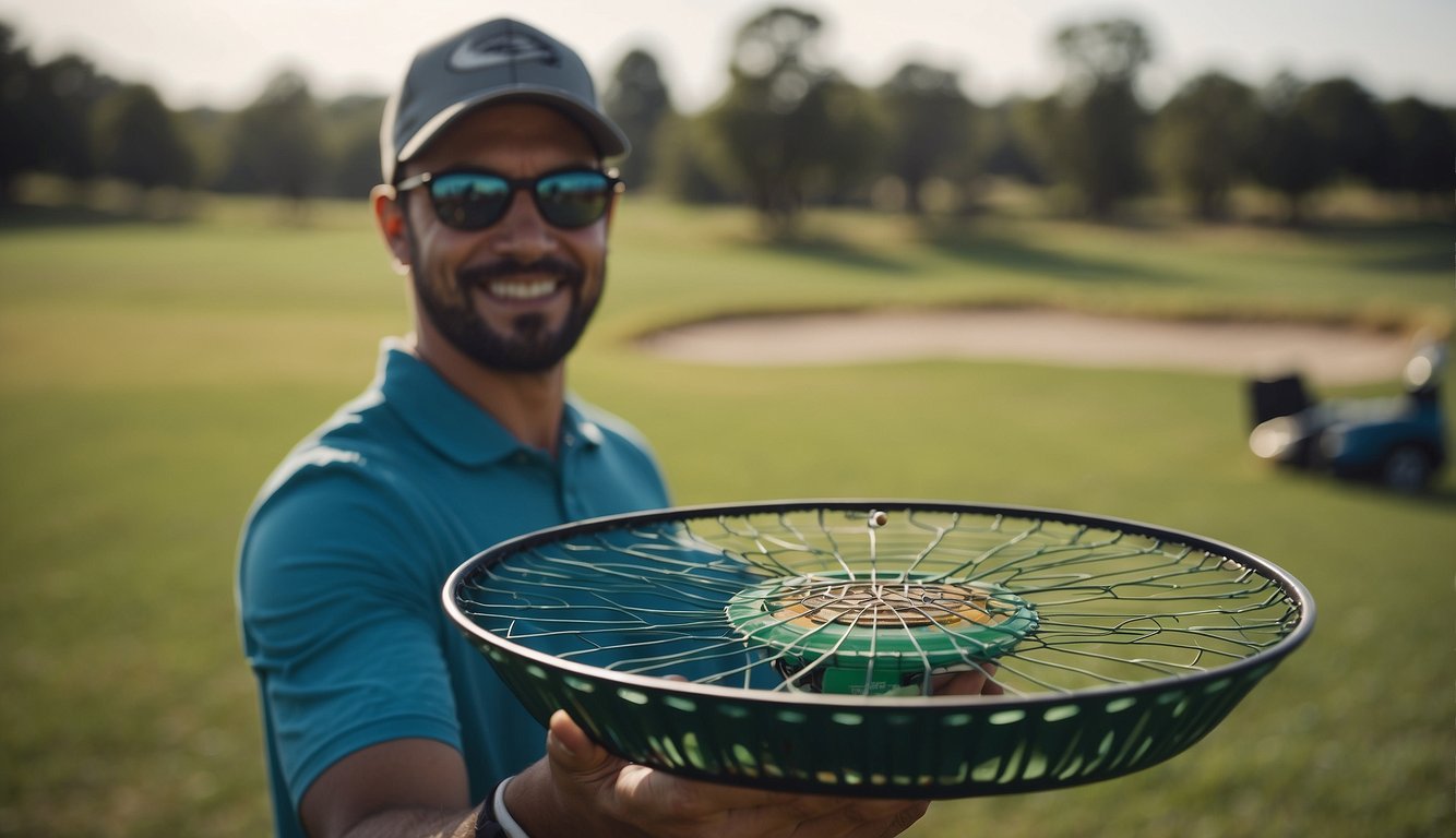 A disc golf player holds a Callaway Coronado V2 SL, examining its material and construction for suitability on the course