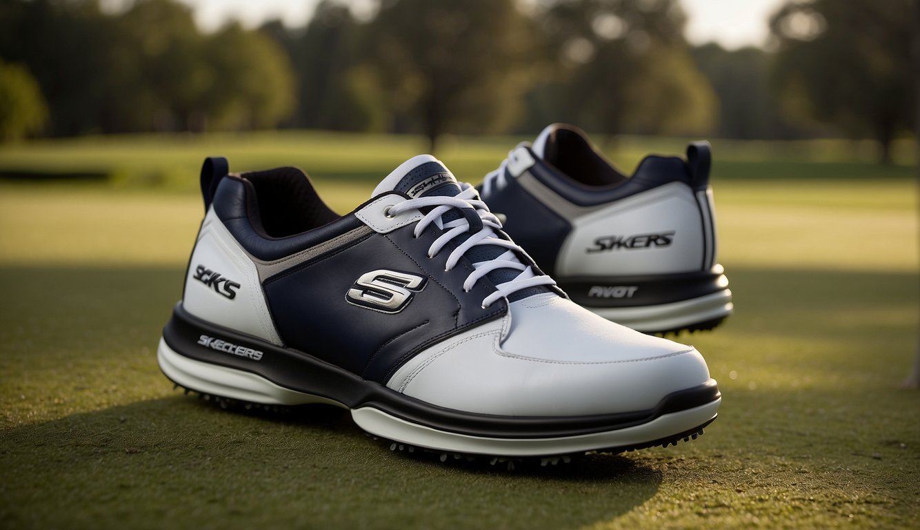 The Skechers Pivot Spikeless Golf Shoe features a sleek design with a durable rubber outsole and water-resistant upper, making it a versatile and reliable option for playing disc golf