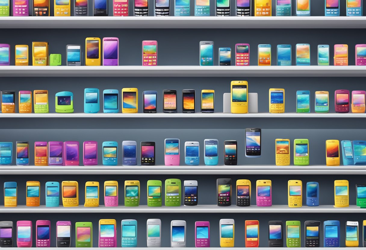 A colorful display of Samsung mobile phones arranged neatly on shelves, with price tags clearly visible