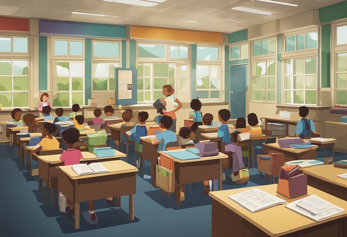 A classroom filled with colorful educational materials, including books, maps, and charts. A teacher stands at the front of the room, engaging with students