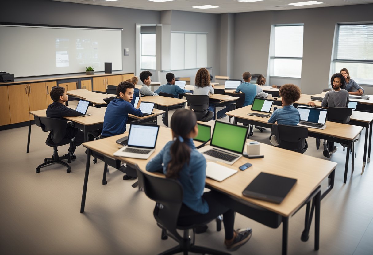 Classroom scene with technology: students at desks, teacher at front, interactive whiteboard, laptops, and tablets. No human subjects