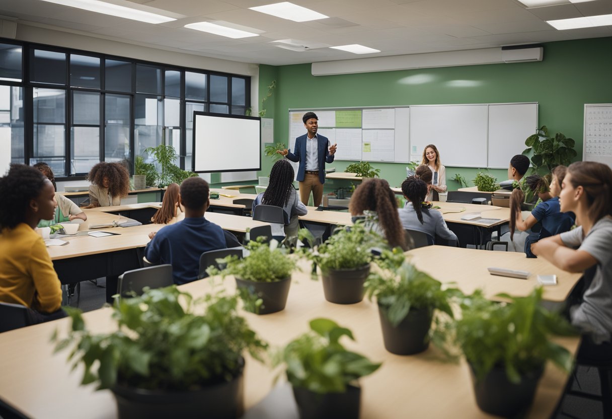 A classroom with diverse students engaged in sustainable activities, surrounded by plants and recycling bins. The teacher is leading a discussion on sustainability