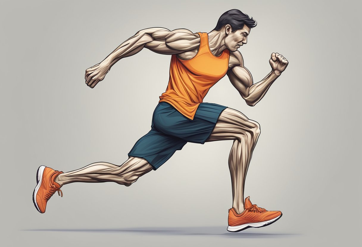 A figure wincing in discomfort, clutching their lower leg as they attempt to walk after running. The soleus muscle visibly tense and strained