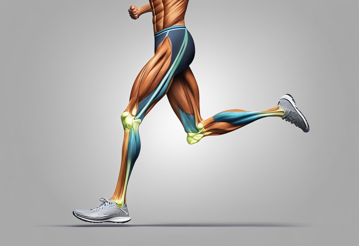 The soleus muscle contracts during running, causing pain if overused. Depict a tense, elongated muscle in the lower leg
