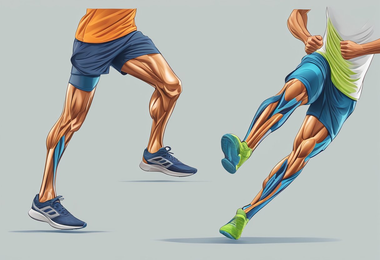 The runner's lower leg tenses in pain, the soleus muscle strained from exertion