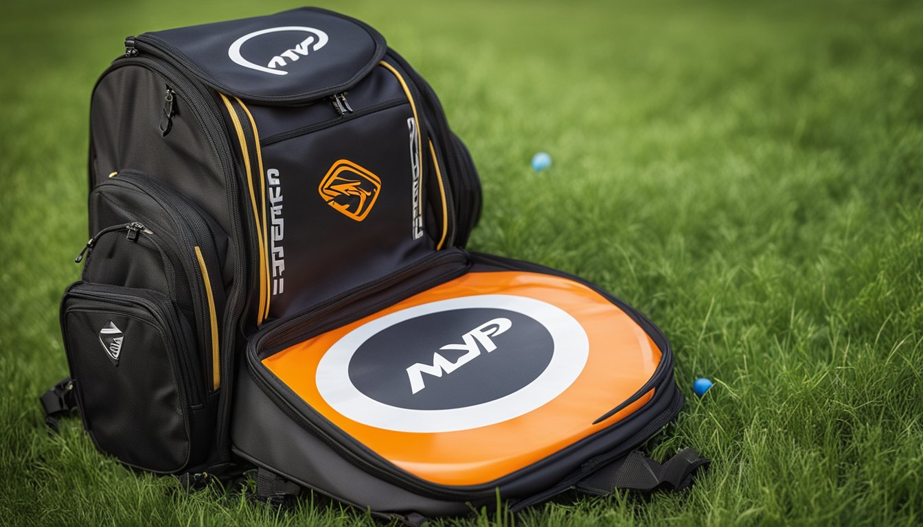 A disc golf backpack sits on a grassy field, with multiple pockets and compartments. A frisbee is tucked into a side pocket, and the backpack is adorned with the MVP Disc Sports logo