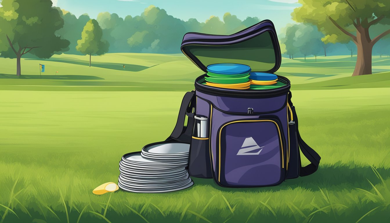 The Slinger Bag sits on a grassy field with a disc golf course in the background. The bag is open, revealing neatly organized discs and compartments
