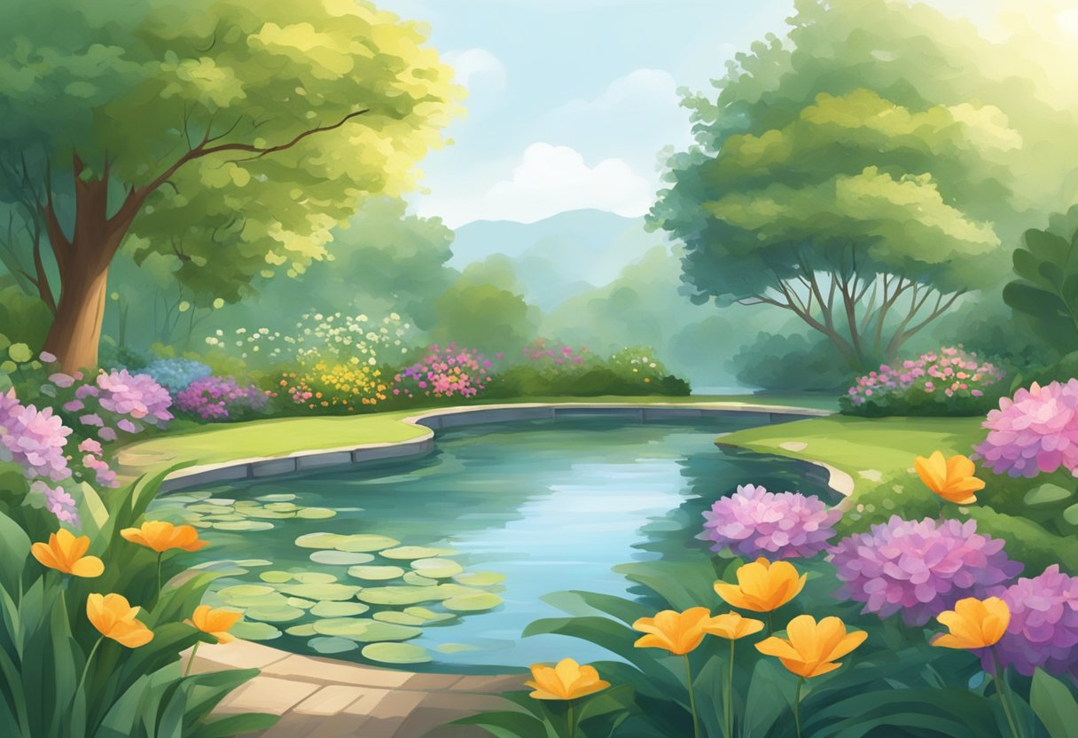 A serene garden with a peaceful pond, surrounded by lush greenery and vibrant flowers. A gentle breeze rustles the leaves, creating a tranquil atmosphere for self-reflection and self-care