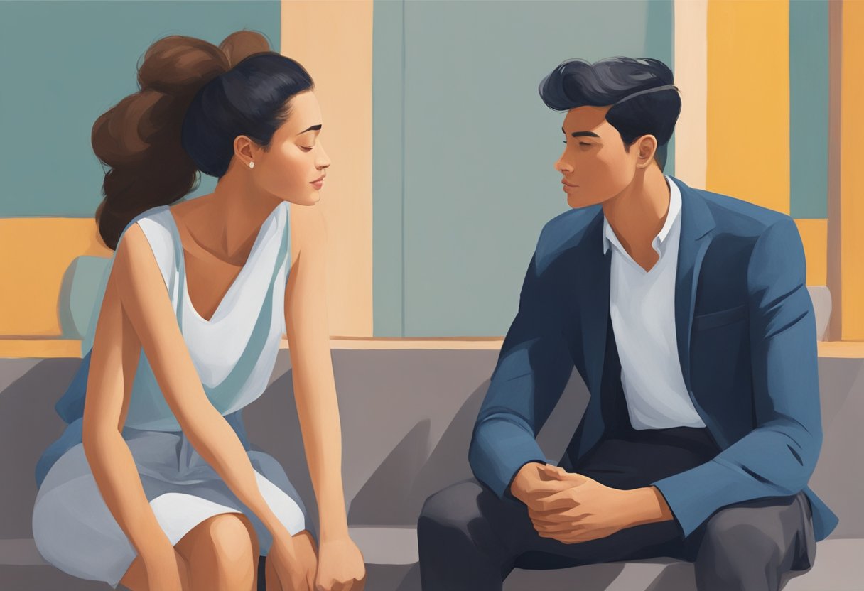 Two figures sitting close, facing each other. One figure appears to be leaning in, while the other maintains a comfortable yet engaged posture. The scene exudes a sense of connection and mutual respect
