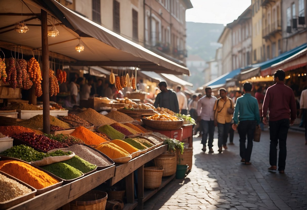 Vibrant market stalls, colorful traditional clothing, and lively music fill the bustling town square. Aromas of exotic spices and street food waft through the air, inviting visitors to experience and learn culture firsthand