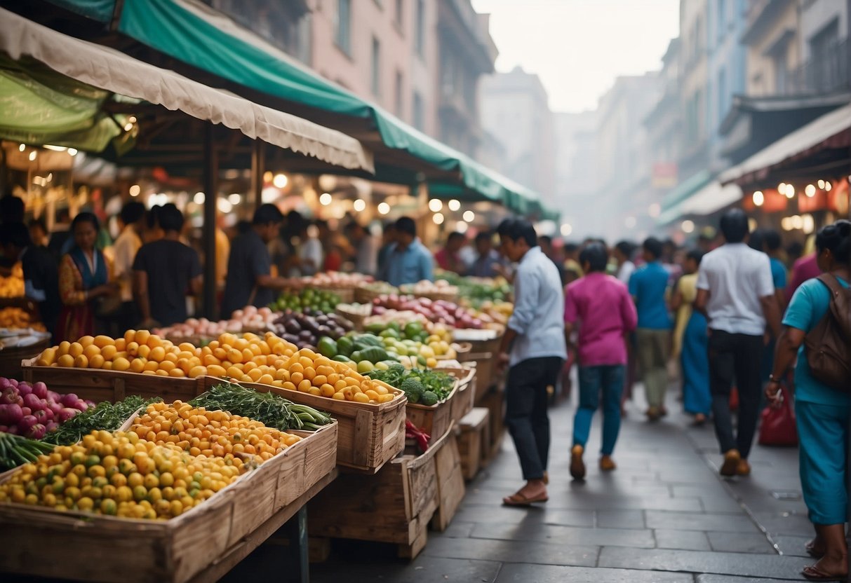 A bustling market with colorful stalls, traditional music playing, and people of diverse backgrounds interacting and exchanging cultural goods and knowledge