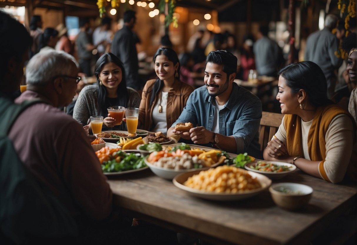 People from different cultures gather, exchanging food, music, and traditions. They engage in conversation, share stories, and learn from each other. A vibrant and diverse atmosphere fills the air