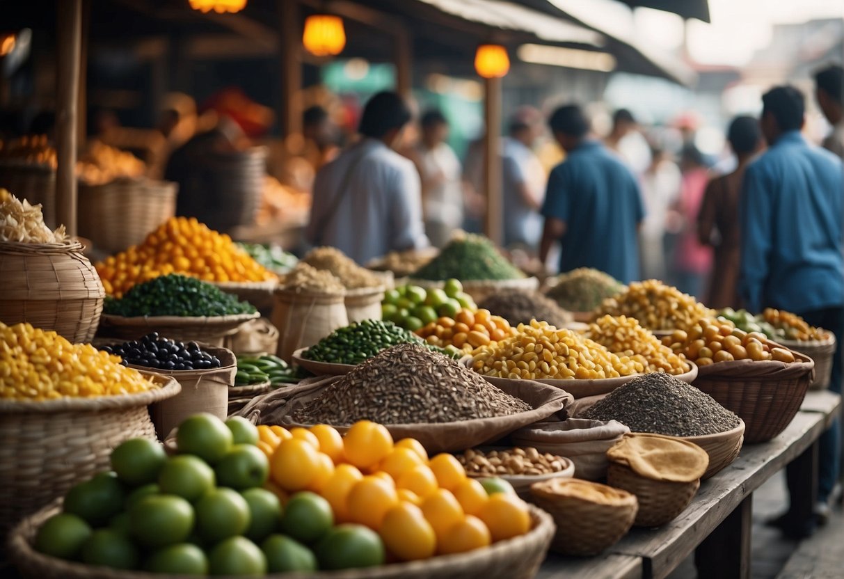 Vibrant market stalls display traditional crafts and foods, while locals gather to share stories and customs