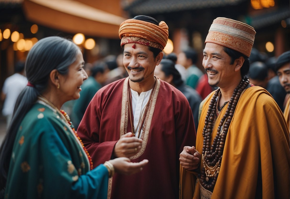 People from different cultures exchanging language and traditions