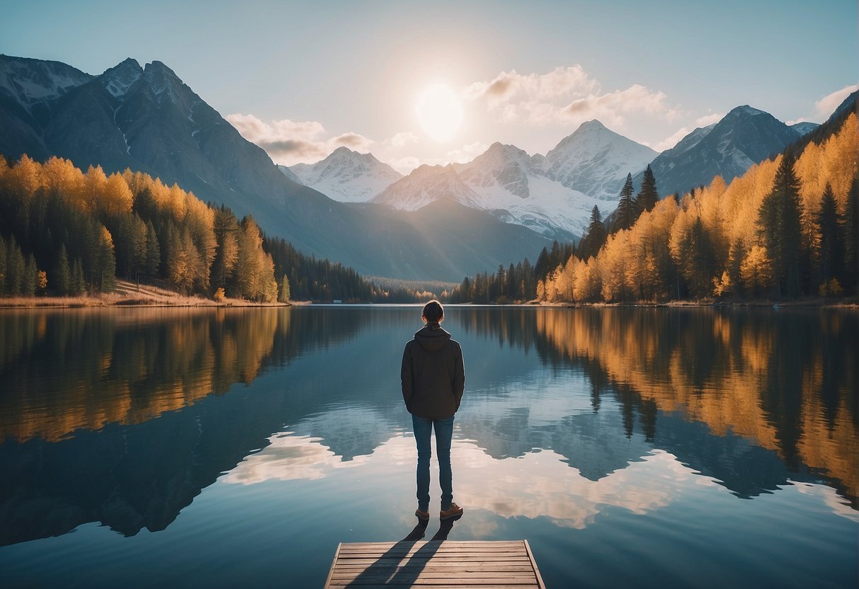 A person standing by a serene lake, surrounded by diverse cultural symbols and landmarks, reflecting on their personal growth journey