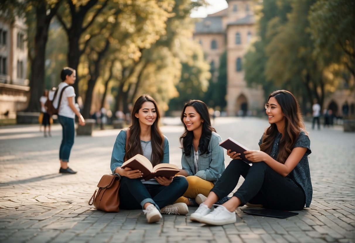 Students enjoying a scenic view of a foreign university campus, with open books and laptops, surrounded by diverse cultural symbols