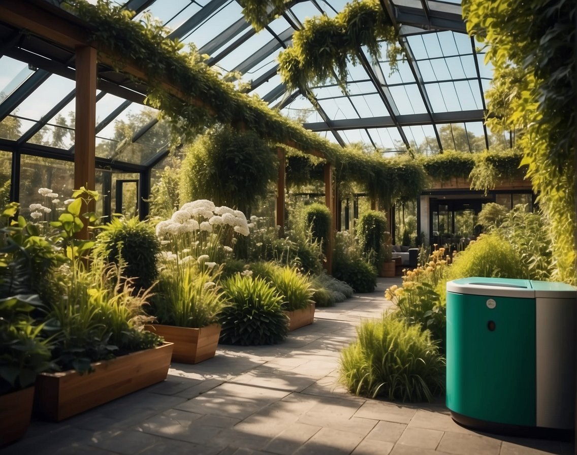 A lush garden with renewable energy sources, recycling bins, and sustainable architecture, surrounded by clean air and wildlife