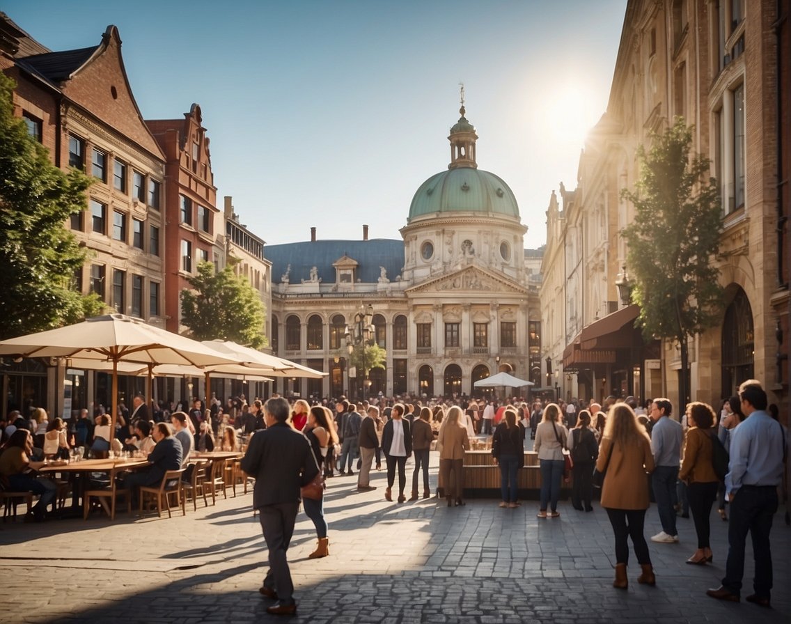 A bustling town square with diverse citizens engaging in open dialogue and debate, surrounded by historic buildings and symbols of freedom and democracy