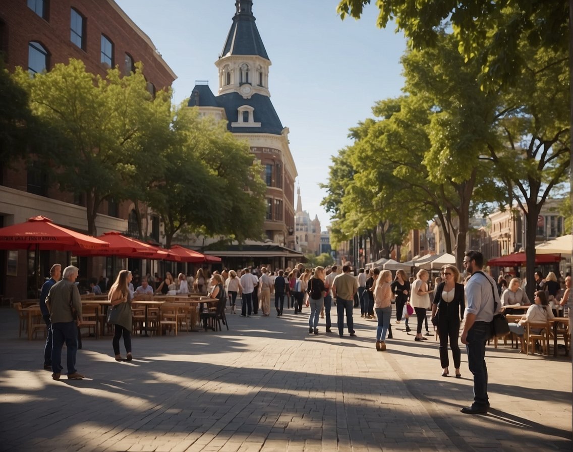 A bustling town square with diverse individuals debating and critiquing the liberal tradition in America. Signs and banners display opposing viewpoints