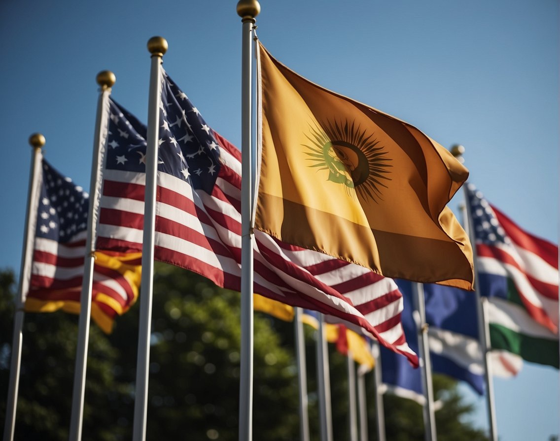 A diverse group of flags flying high, symbolizing the global reach of American liberalism