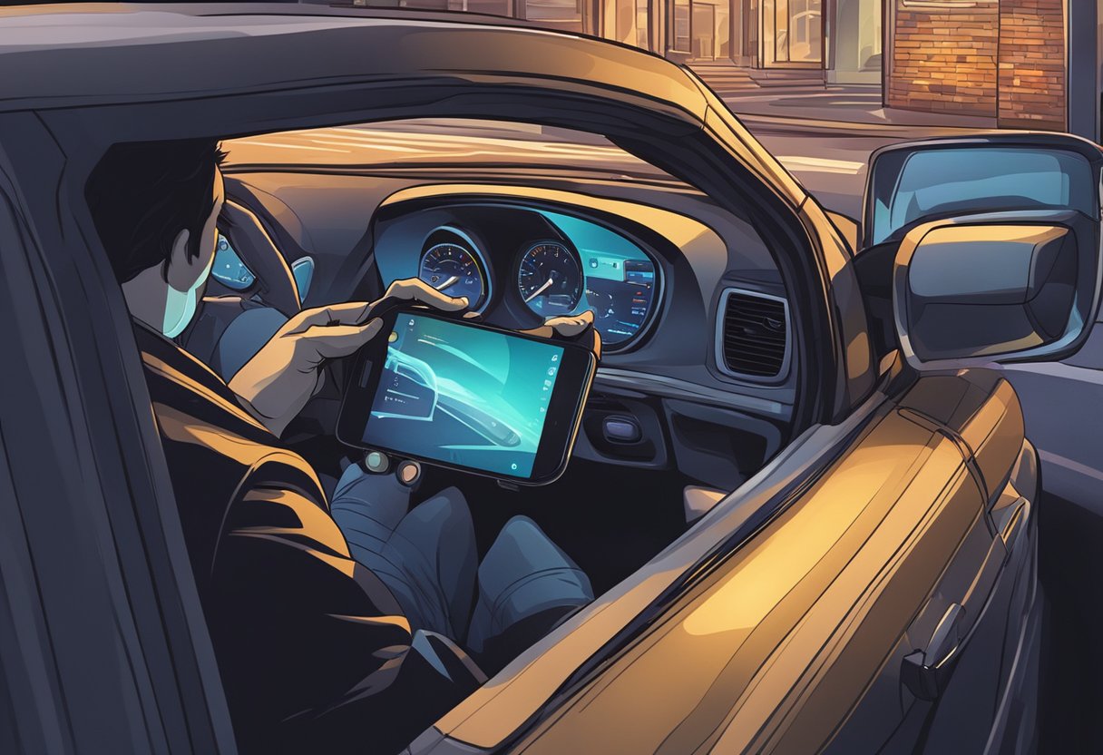 A hand reaching into a car and grabbing a smartphone from the dashboard. The car is parked on a dimly lit street at night