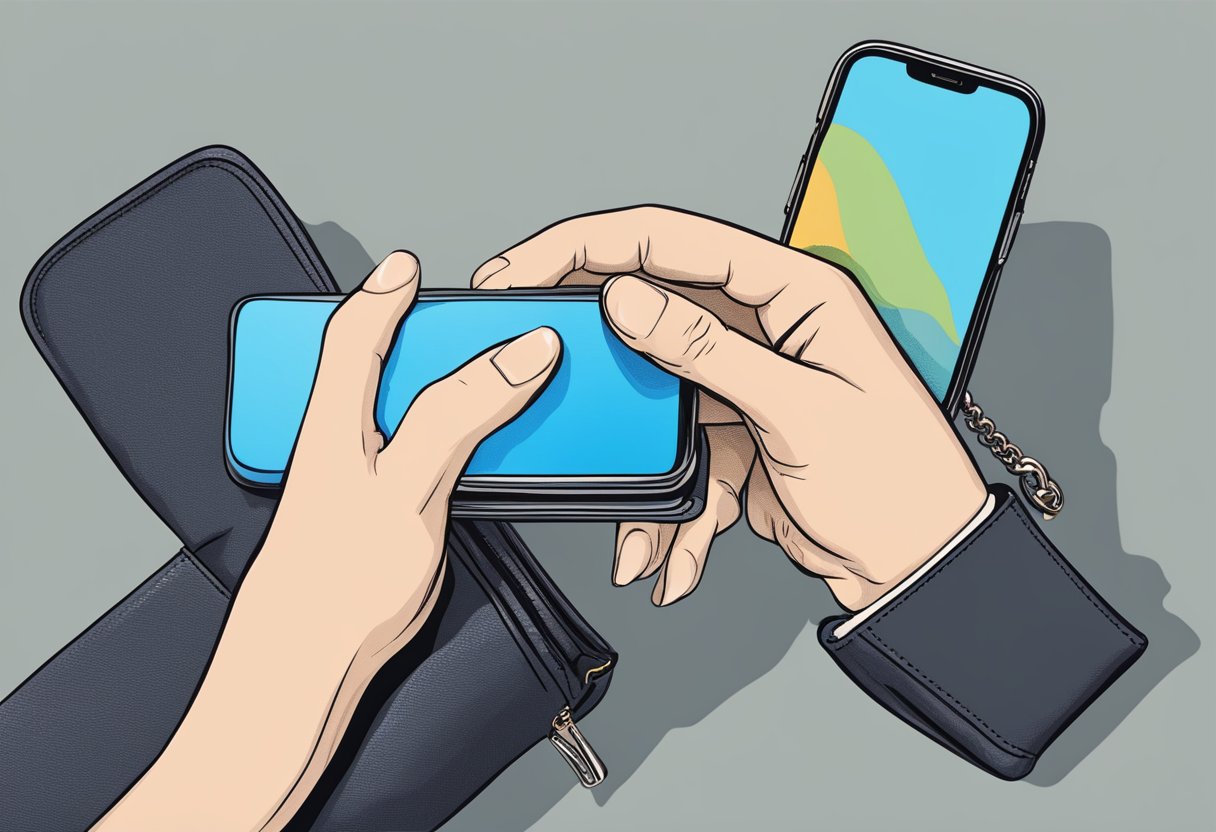 A hand reaching into a purse and taking a cellphone