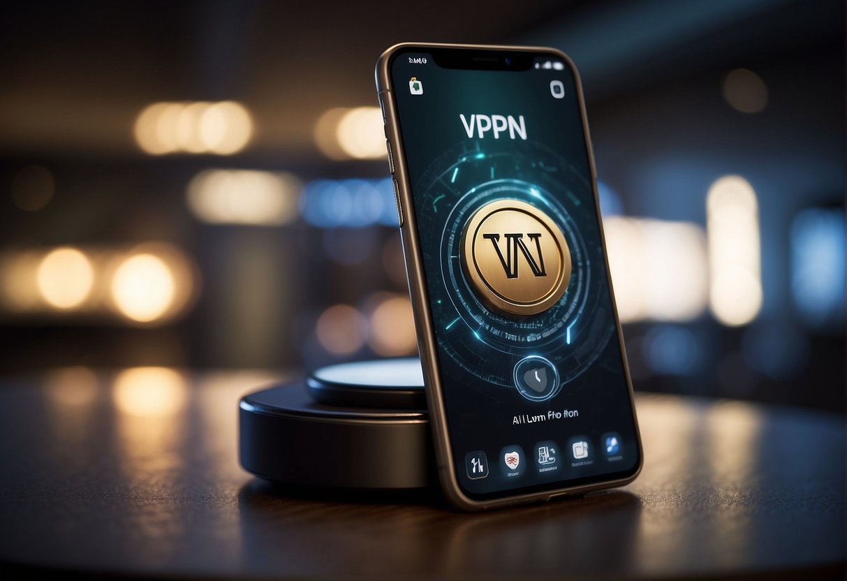 A smartphone with a VPN app open, showing a secure connection symbol and the words "VPN" on the screen