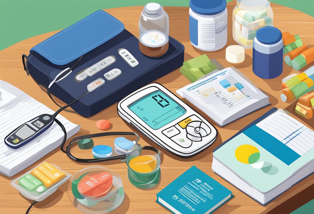 A table with various supplements and a blood glucose monitor, surrounded by informational books on diabetes