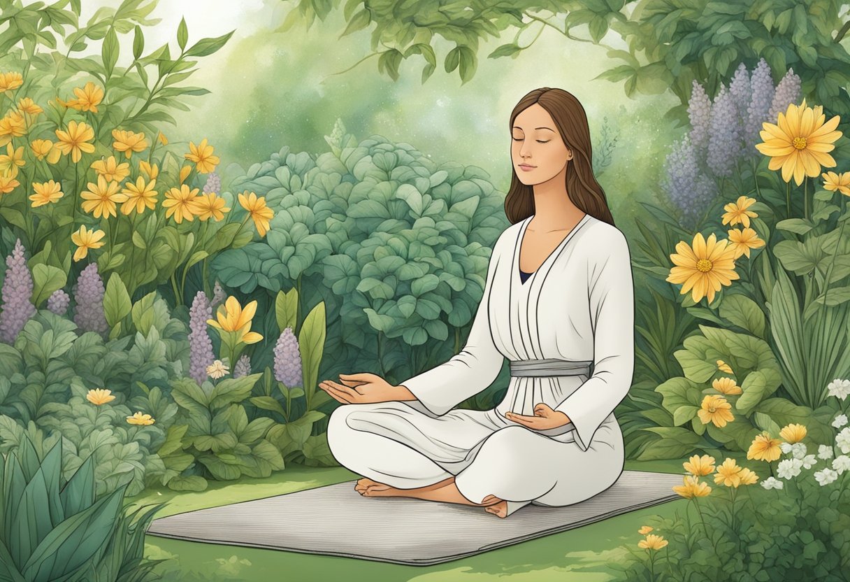 A serene Virgo meditates in a lush garden, surrounded by healing herbs and plants. Their focused mind and balanced body exude a sense of tranquility and well-being