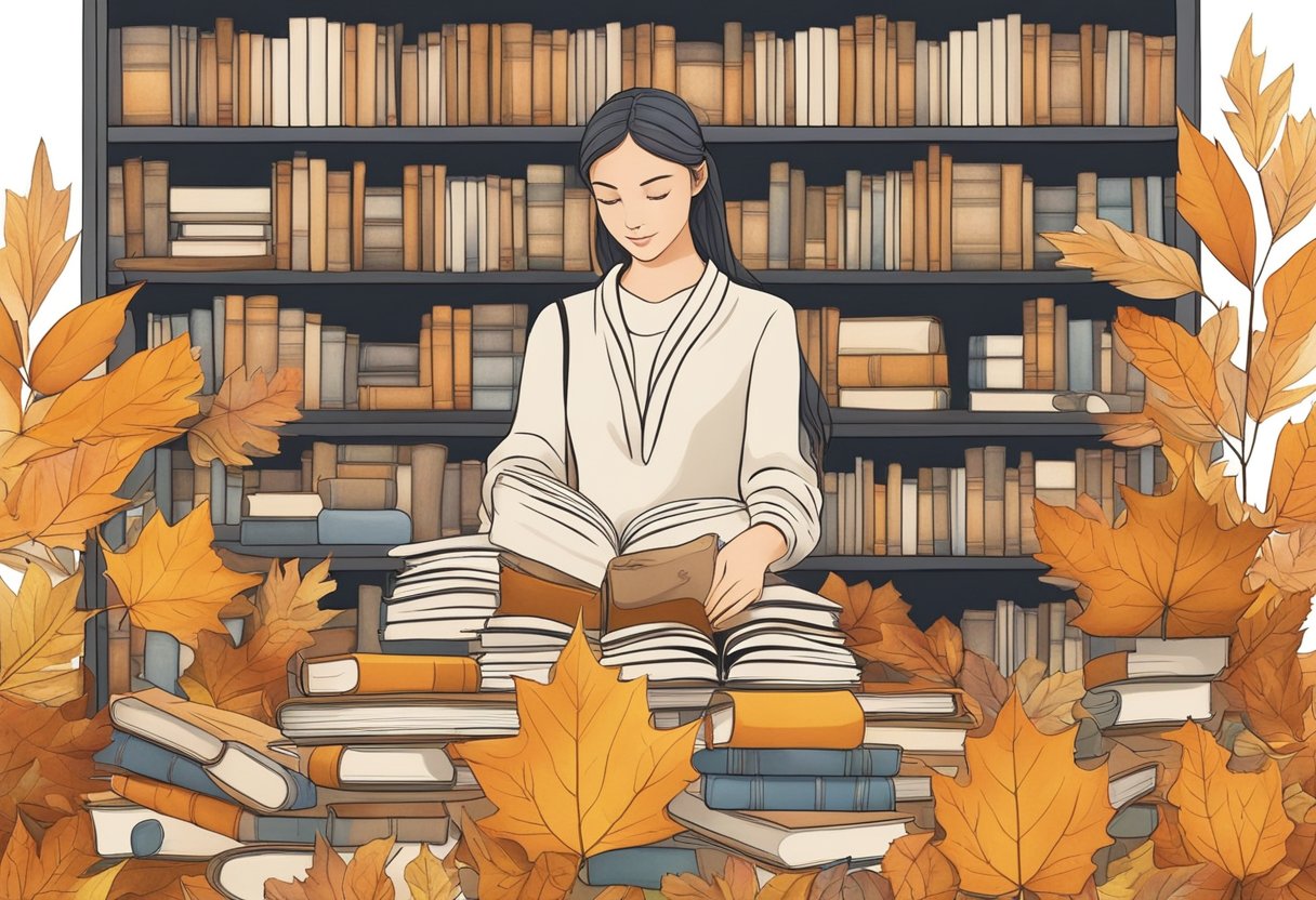 A serene Virgo surrounded by autumn leaves, organizing a collection of books and meticulously arranging them on a shelf