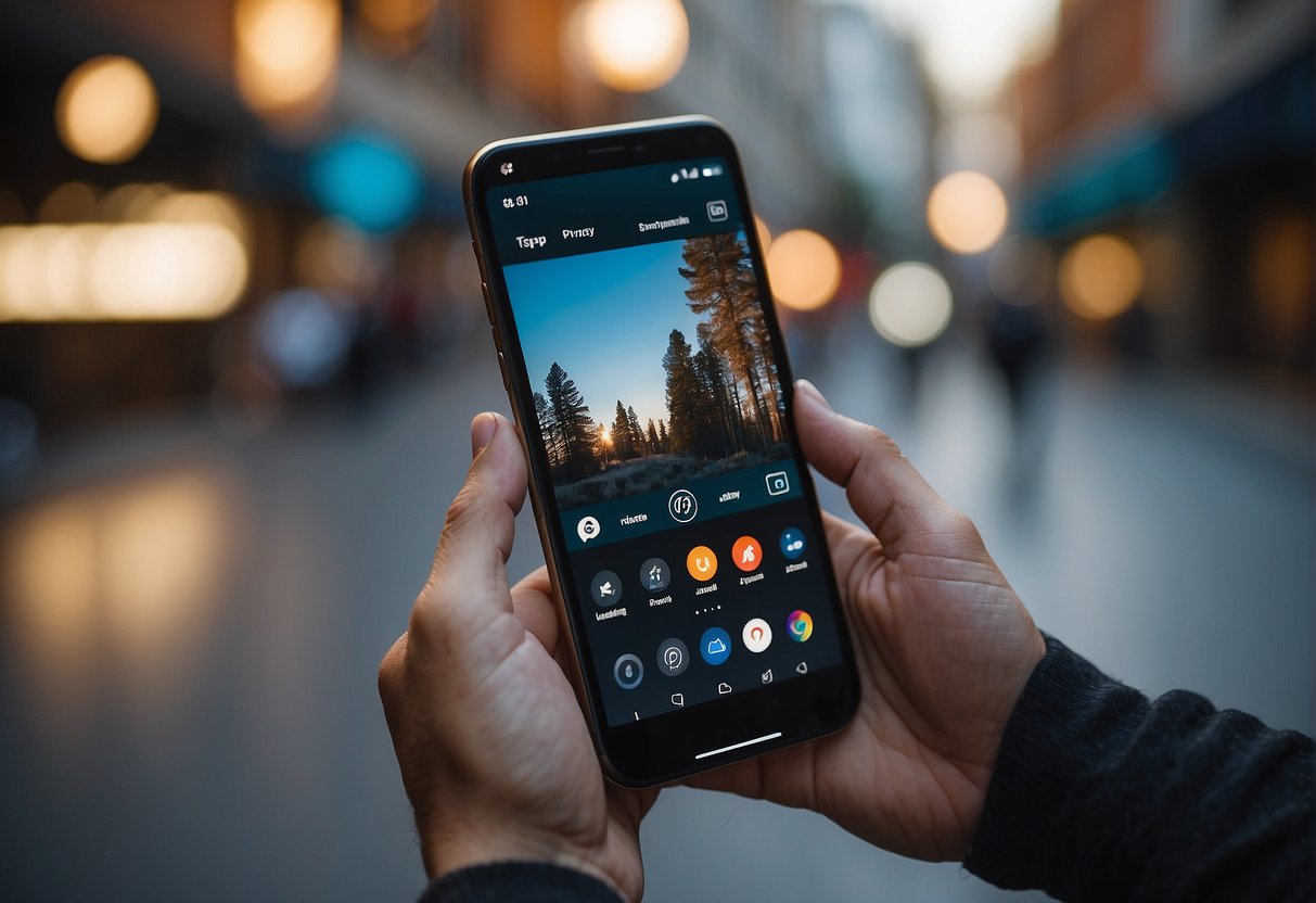 A hand reaches for a smartphone, tapping through settings to hide followers on Instagram. The screen displays the "Adjusting Profile Privacy" menu