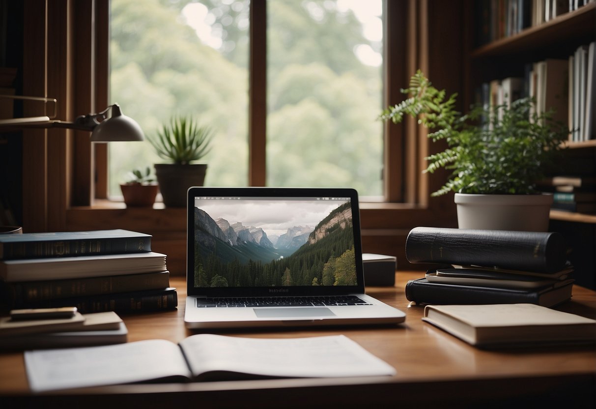 A cozy desk with a laptop, notebooks, and pens. A shelf holds books and supplies. Natural light streams in from a window