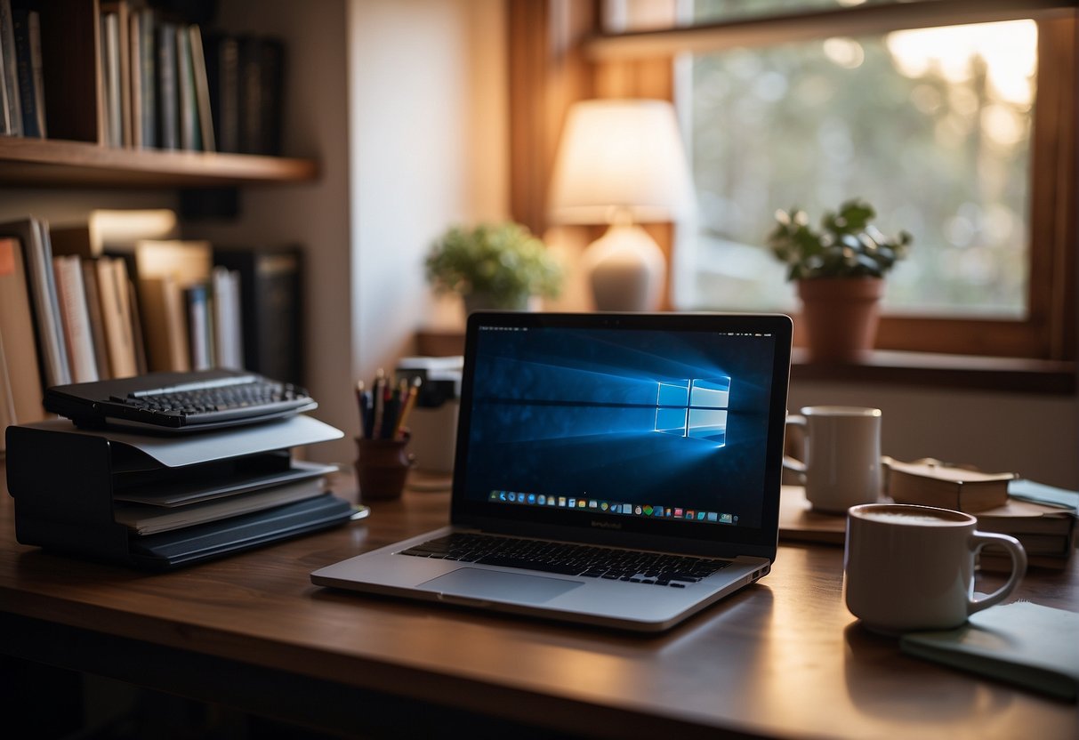 A cozy home office with a laptop, books, and a bulletin board filled with resources and contacts. A warm cup of coffee sits on the desk