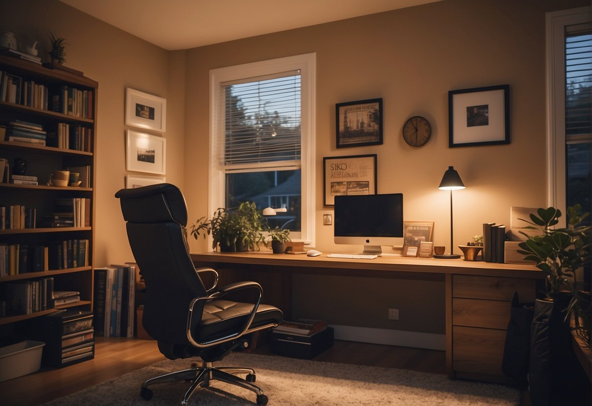 A cozy home office with books, a laptop, and a notepad. A warm light illuminates the desk. A calendar on the wall shows a busy schedule