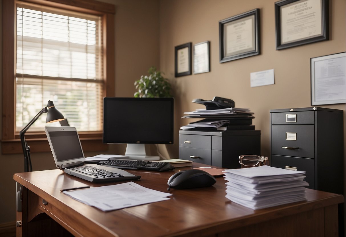 A home office with a desk, computer, and filing cabinet. A stack of financial and legal documents on the desk. A homeschooling schedule on the wall