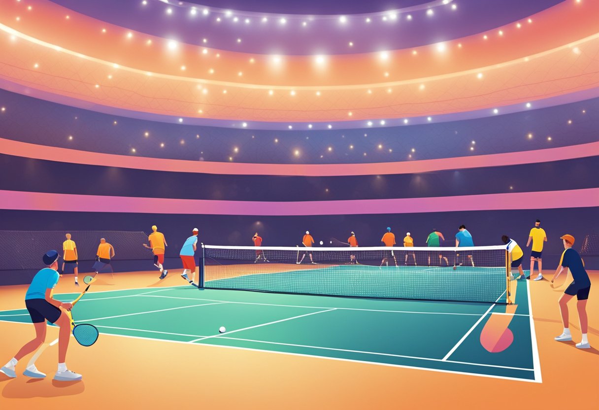 An indoor pickleball court with bright lighting, colorful lines, and a net stretching across the middle. Spectators sit in bleachers, watching players in action