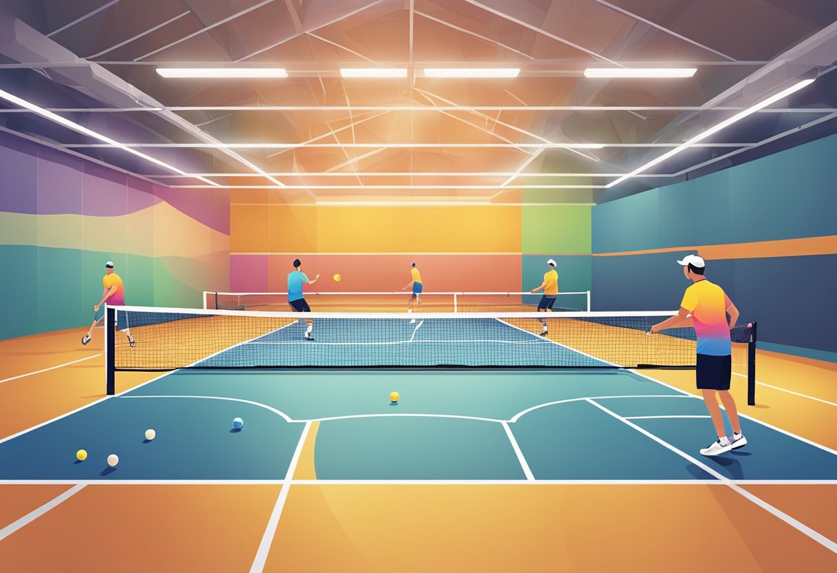 Players hitting pickleball on an indoor court with colorful flooring and bright lighting. Nets and equipment are visible