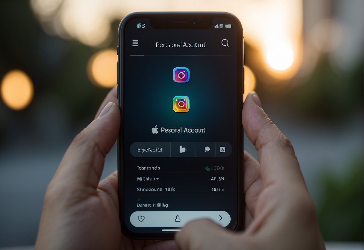 A person's finger hovers over the "Switch to Personal Account" button on the Instagram app, with the profile settings page open in the background