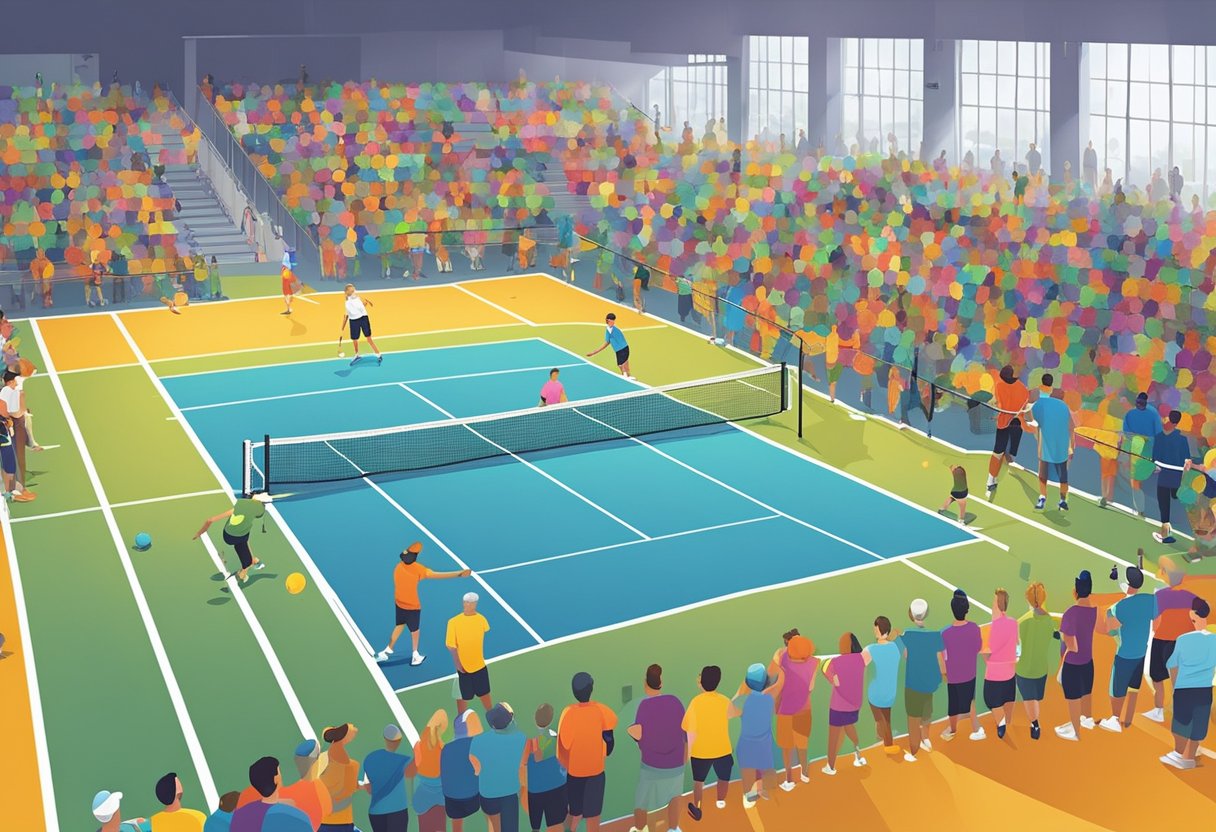 Players enjoying a game on the vibrant indoor pickleball court, with colorful lines and nets, surrounded by eager spectators