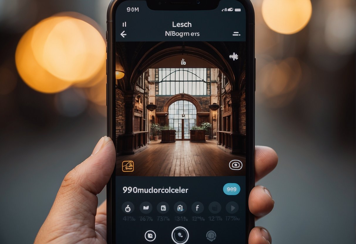A smartphone with an Instagram app open, showing a profile with 999 followers and a "Follow" button highlighted. A timer in the corner counting down from 5 minutes