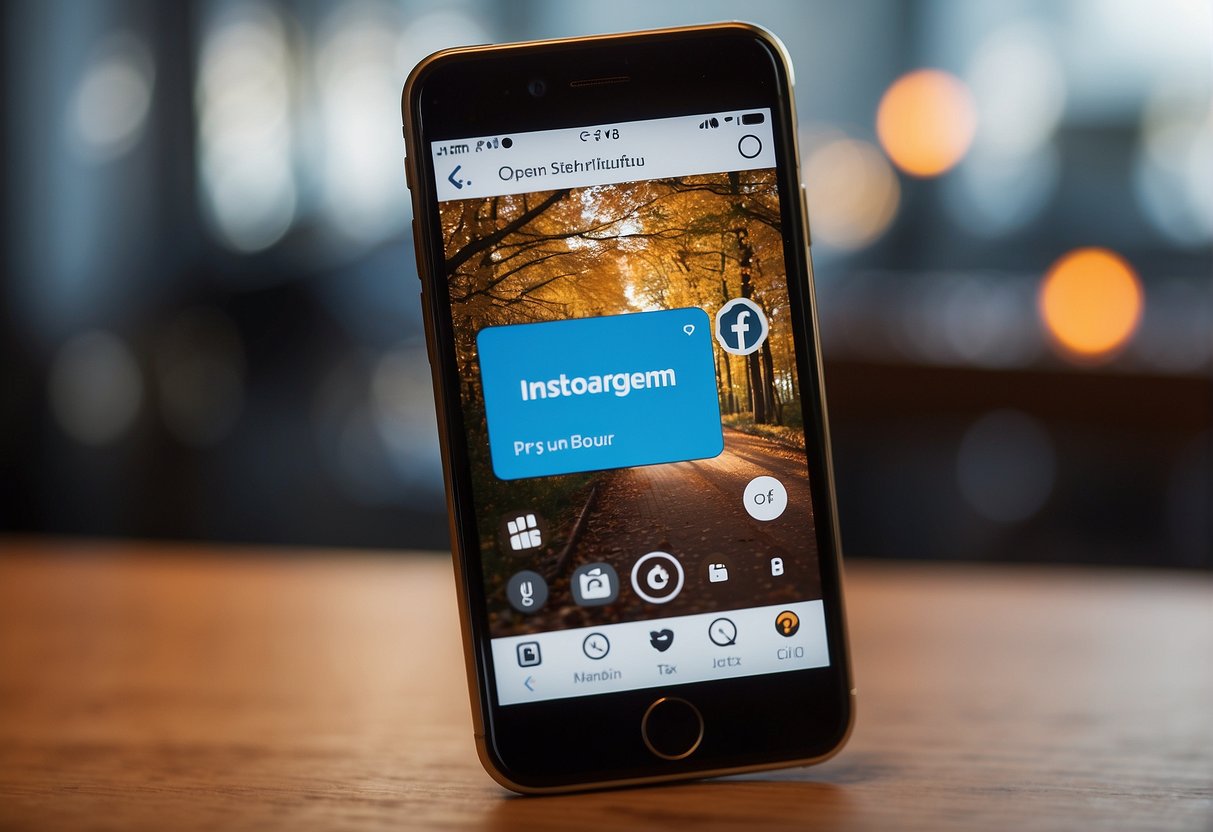 A smartphone with Instagram app open, showing 1k followers in 5 minutes. Icons for engagement tactics (like, comment, share) visible on screen