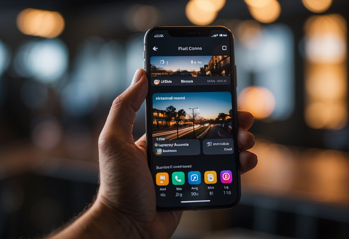 A hand reaching for a smartphone, tapping the Instagram app, navigating to the business account settings, and toggling the switch to turn off the business account