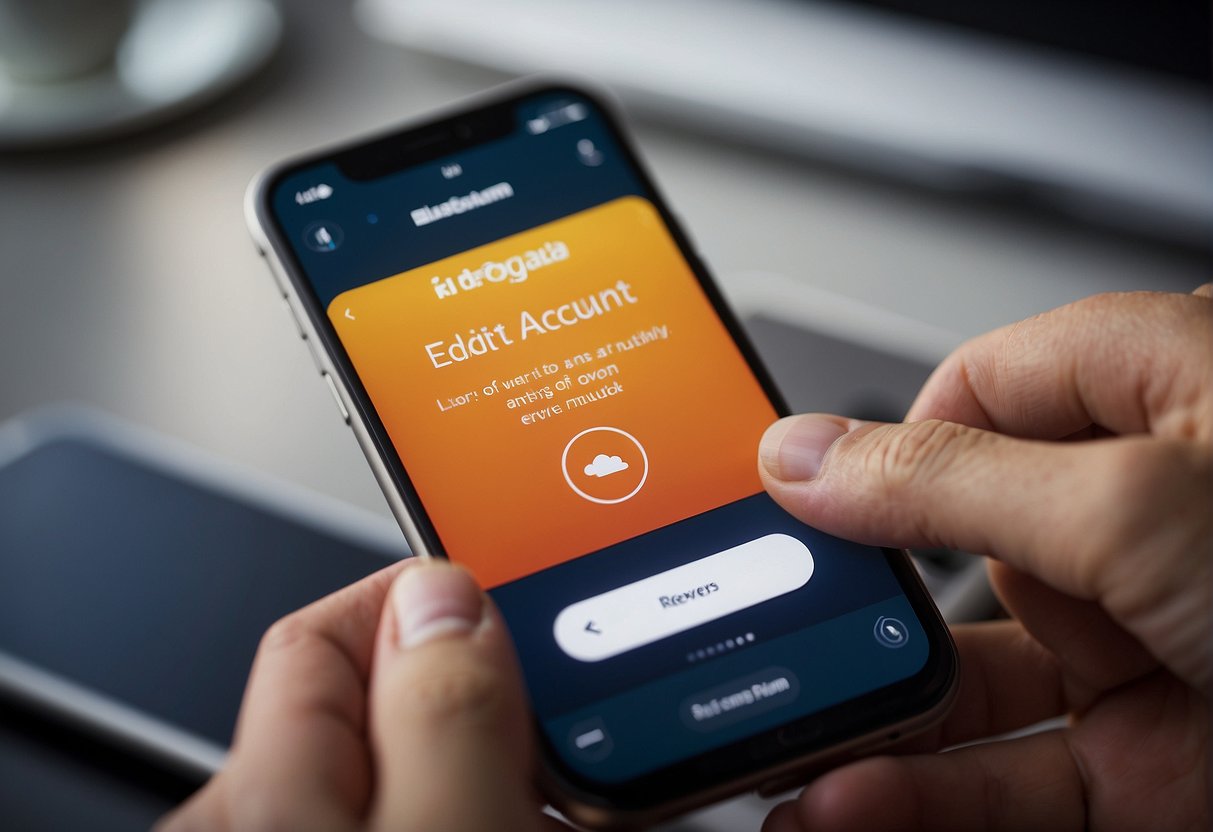 A hand reaches for the "Edit Profile" button on Instagram. The user toggles off the "Switch to Professional Account" option, reverting back to a personal account