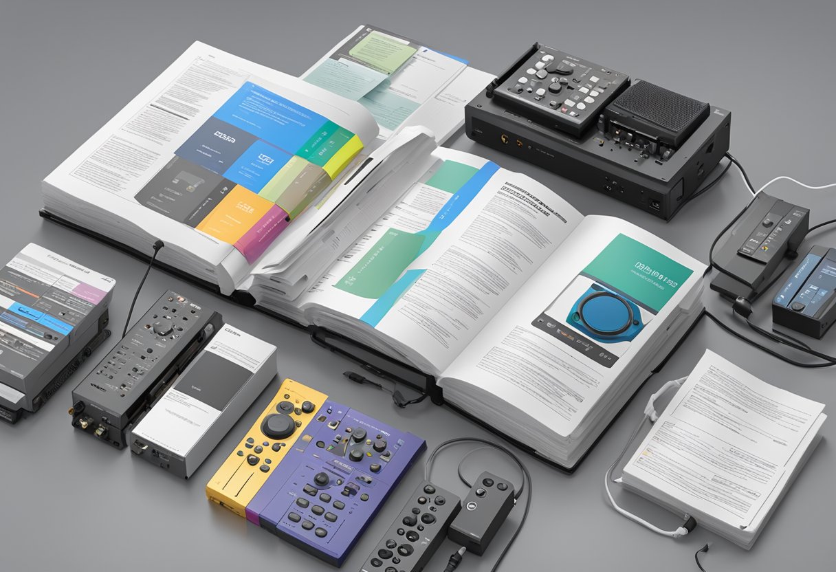 A stack of PSP Audioware BinAmp user manuals with a "Frequently Asked Questions" section open, surrounded by various audio equipment