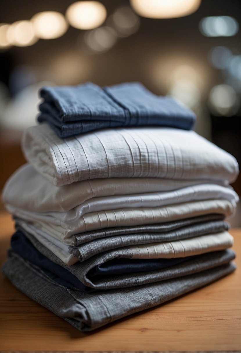 A neatly folded stack of high-quality undershirts next to a price tag and a satisfied customer review