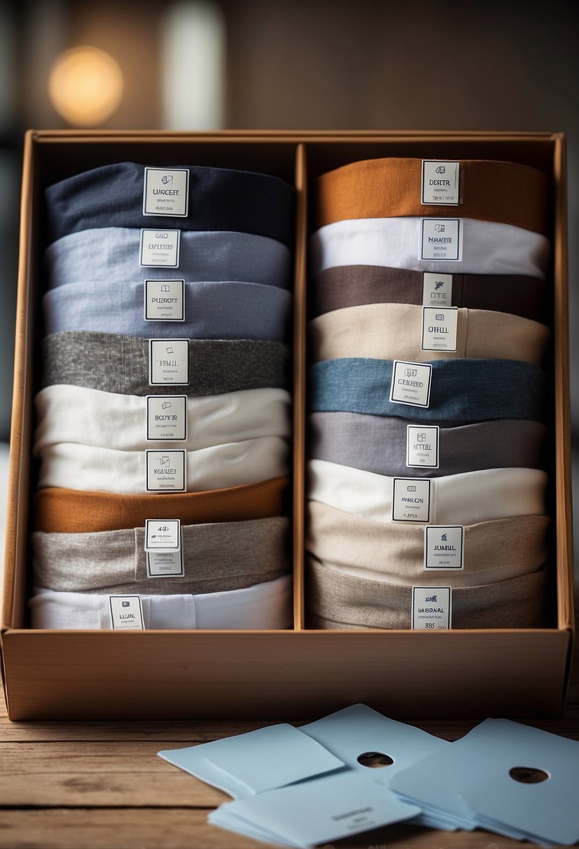A stack of high-quality undershirts displayed with price tags and product examples
