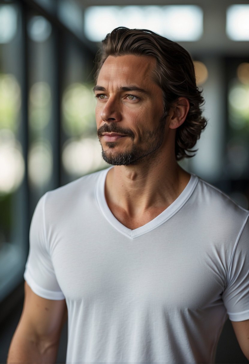 A person wearing a comfortable, high-quality undershirt, feeling confident and protected. The fabric is soft and breathable, with a tagless design for ultimate comfort