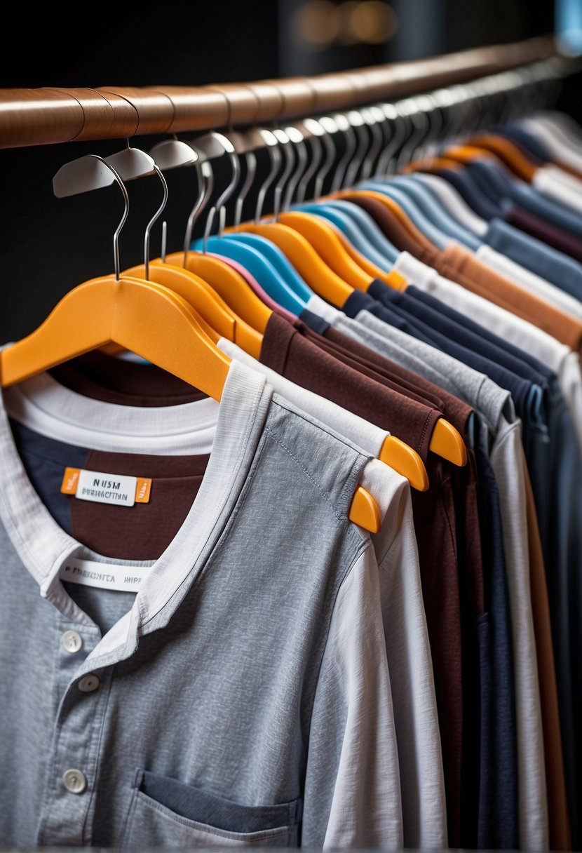 A display of high-quality undershirts in various styles and colors, with tags highlighting their premium features